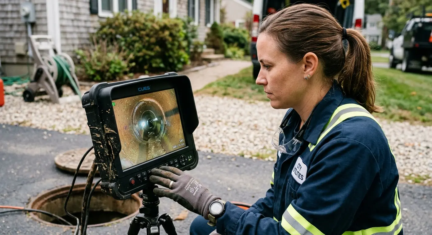 Technician reviewing sewer camera inspection footage in Burlingame