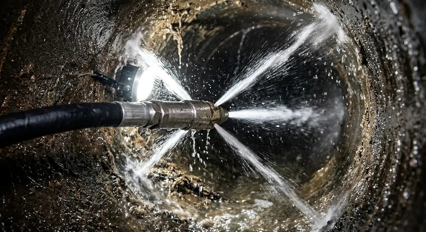 High-pressure hydro jetting nozzle cleaning sewer pipe for Sewer Cleanout in Burlingame