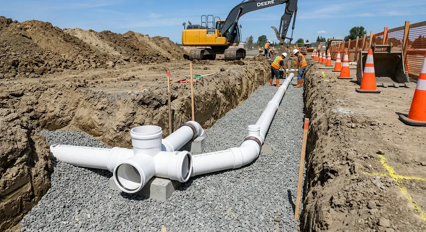 New PVC sewer pipe installation in open trench for Grease Trap Cleaning in Burlingame
