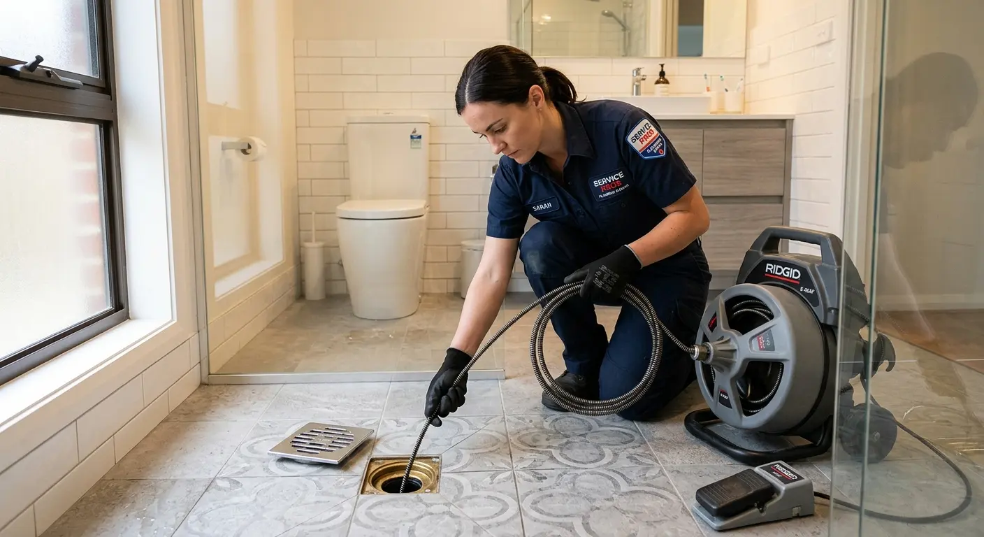 Technician clearing a bathroom floor drain for Sewer Line Replacement in Burlingame